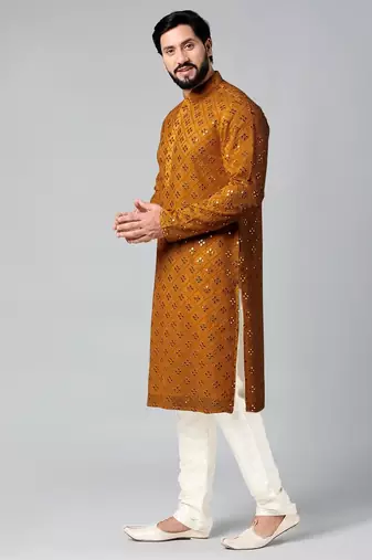 Mustard mirror embroidery kurta pajama
