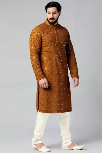 Mustard mirror embroidery kurta pajama
