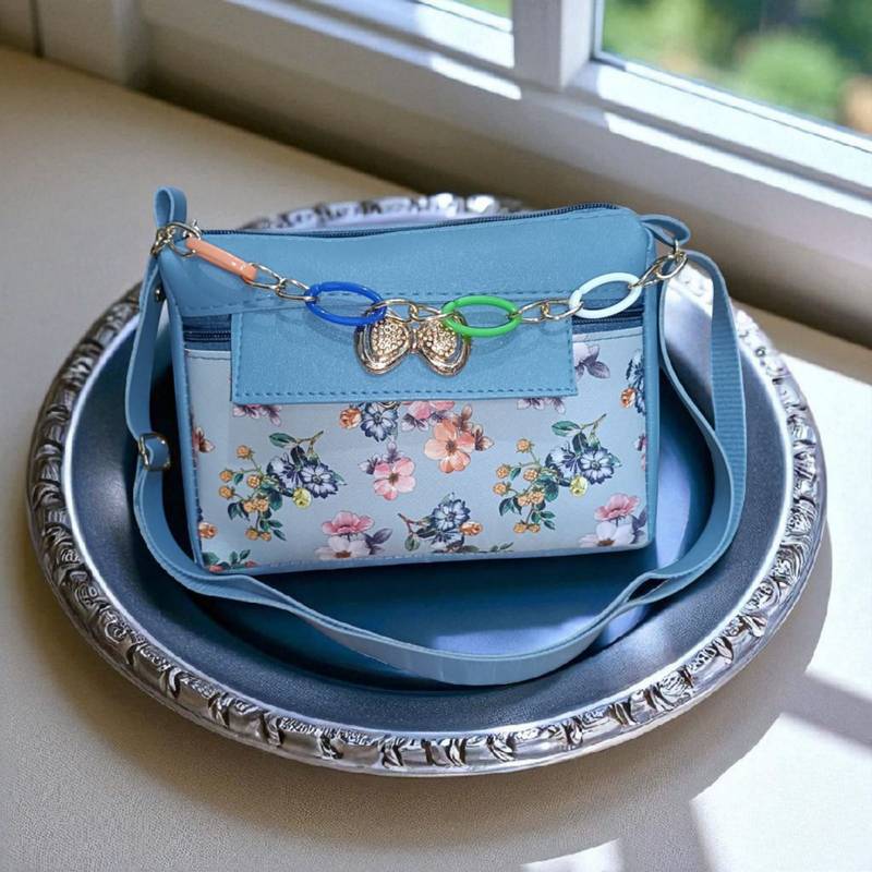 Stylish Blue Floral Sling Bag for Women – Trendy Crossbody Purse with Golden Chain Charm | Royal Collection of India