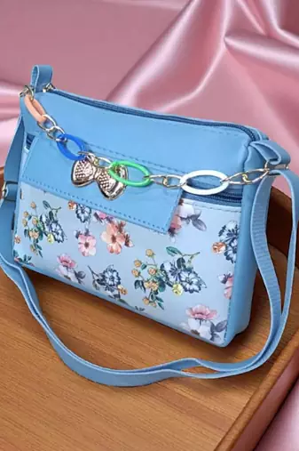 Stylish Blue Floral Sling Bag for Women – Trendy Crossbody Purse with Golden Chain Charm | Royal Collection of India