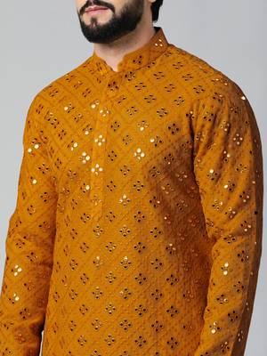 Mustard mirror embroidery kurta pajama 5