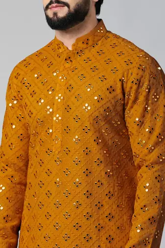 Mustard mirror embroidery kurta pajama