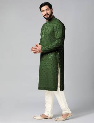 Olive green mirror embroidery kurta pajama 2