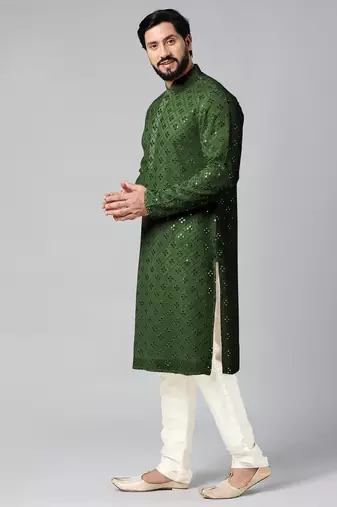Olive green mirror embroidery kurta pajama