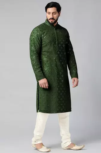Olive green mirror embroidery kurta pajama