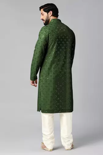 Olive green mirror embroidery kurta pajama