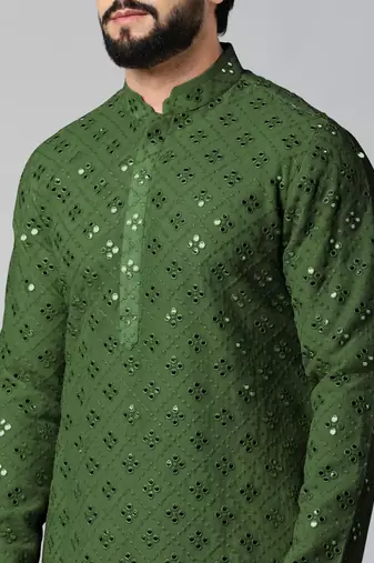 Olive green mirror embroidery kurta pajama
