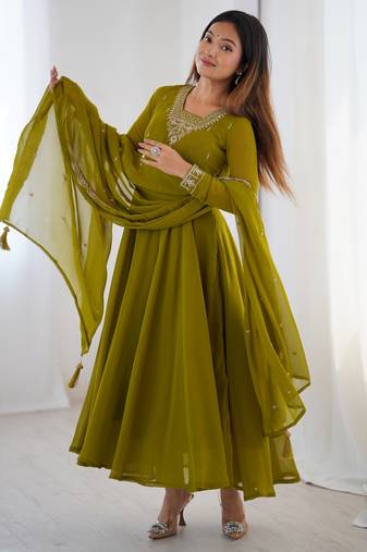  Olive Green Georgette Anarkali with Zari Neckline & Tassel Dupatta