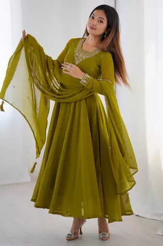  Olive Green Georgette Anarkali with Zari Neckline & Tassel Dupatta