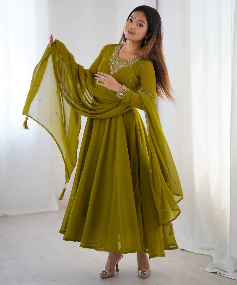  Olive Green Georgette Anarkali with Zari Neckline & Tassel Dupatta