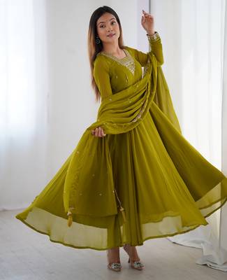  Olive Green Georgette Anarkali with Zari Neckline & Tassel Dupatta 2