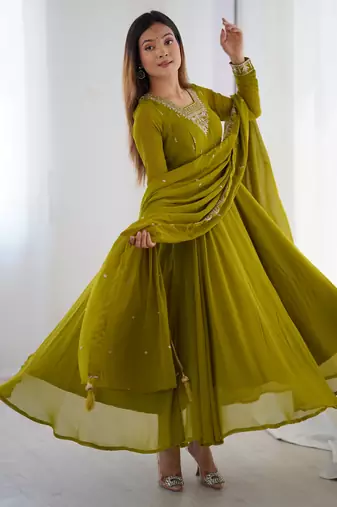  Olive Green Georgette Anarkali with Zari Neckline & Tassel Dupatta