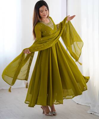  Olive Green Georgette Anarkali with Zari Neckline & Tassel Dupatta 3