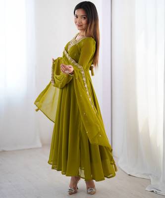  Olive Green Georgette Anarkali with Zari Neckline & Tassel Dupatta 5