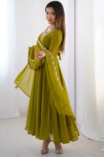  Olive Green Georgette Anarkali with Zari Neckline & Tassel Dupatta