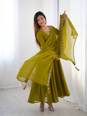  Olive Green Georgette Anarkali with Zari Neckline & Tassel Dupatta 6