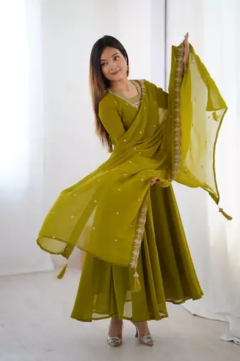  Olive Green Georgette Anarkali with Zari Neckline & Tassel Dupatta
