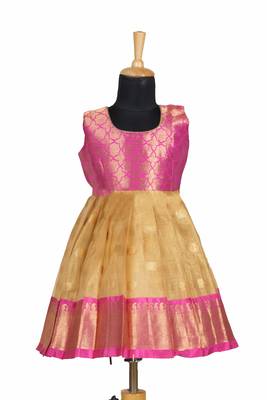Girls pink golden mountain pattu pavadai frocks 1