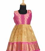 Girls pink golden mountain pattu pavadai frocks