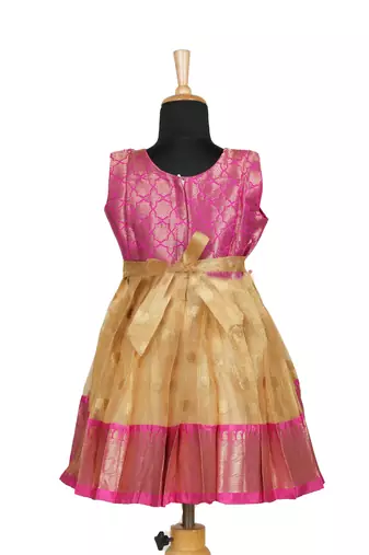 Girls pink golden mountain pattu pavadai frocks