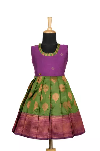 Kids green copper pendant pattu pavadai frocks