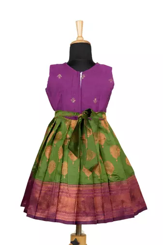 Kids green copper pendant pattu pavadai frocks