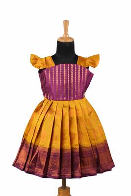 Mustard yellow copper pendant baby pattu pavadai frocks 1