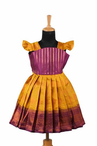 Mustard yellow copper pendant baby pattu pavadai frocks