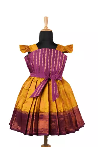 Mustard yellow copper pendant baby pattu pavadai frocks