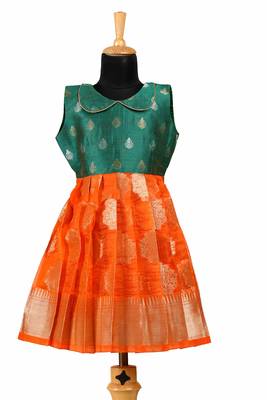 Kids orange shaded organza pattu pavadai frocks 1