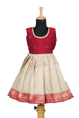 Girls  red  banaras mughal pattu pavadai frocks 1