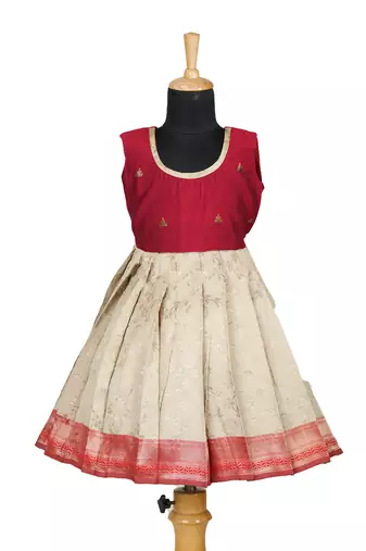Girls  red  banaras mughal pattu pavadai frocks