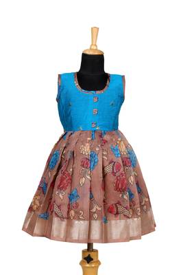 Brown kalamkari fish pattu pavadai frocks for girls 1