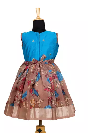 Brown kalamkari fish pattu pavadai frocks for girls