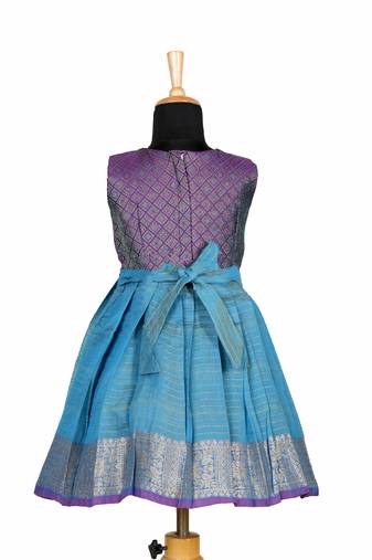 Blue golden tiles pattu pavadai frocks for girls