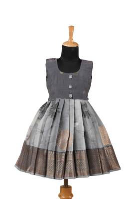 Grey jangala motif pattu pavadai frocks for girls 1