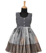 Grey jangala motif pattu pavadai frocks for girls