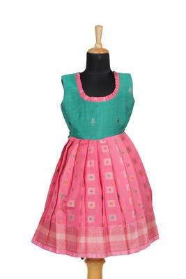 Girls peach copper athangudi pattu pavadai frocks 1