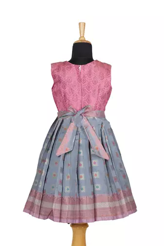 Girls grey copper athangudi pattu pavadai frocks