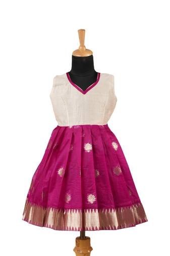 Girls magenta organza temple pattu pavadai frocks