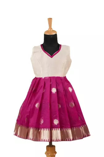Girls magenta organza temple pattu pavadai frocks