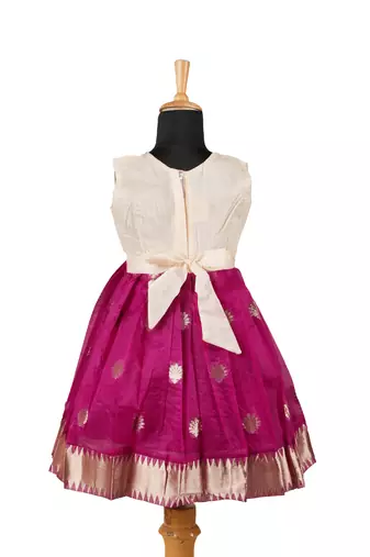 Girls magenta organza temple pattu pavadai frocks