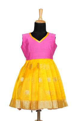 Girls yelloow organza temple pattu pavadai frocks 1