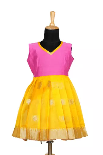 Girls yelloow organza temple pattu pavadai frocks