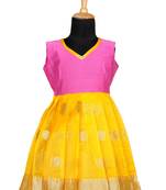Girls yelloow organza temple pattu pavadai frocks