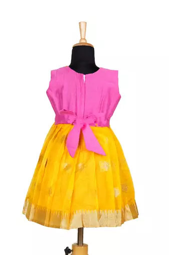 Girls yelloow organza temple pattu pavadai frocks