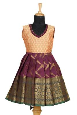 Maroon golden vector green pattu pavadai frocks for kids 1