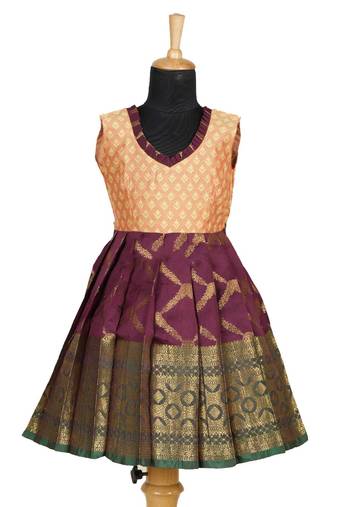 Maroon golden vector green pattu pavadai frocks for kids