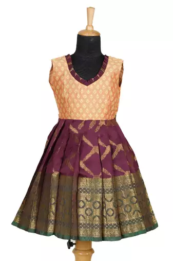 Maroon golden vector green pattu pavadai frocks for kids