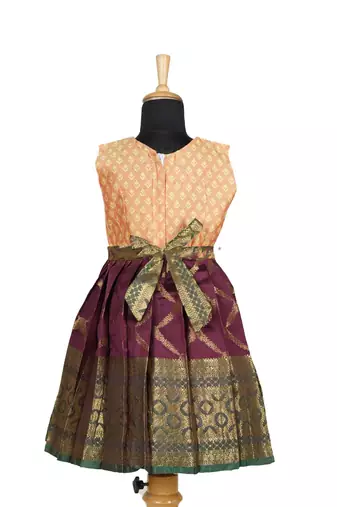 Maroon golden vector green pattu pavadai frocks for kids